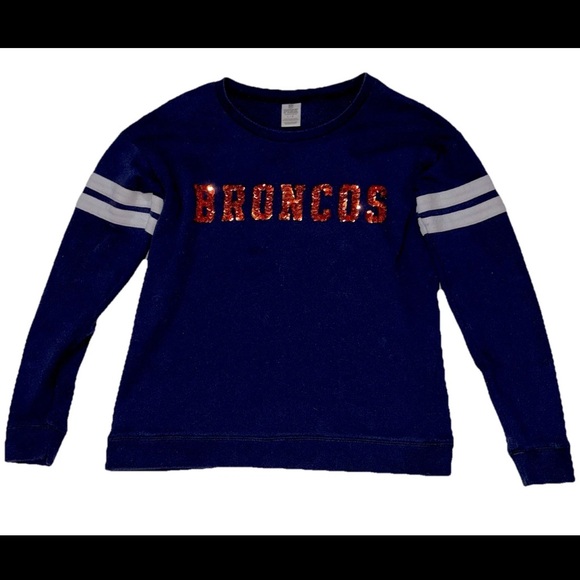 PINK Victoria's Secret Tops - Pink Victoria's Secret Denver Broncos sequin pullover sweatshirt SZ.L Sporty
